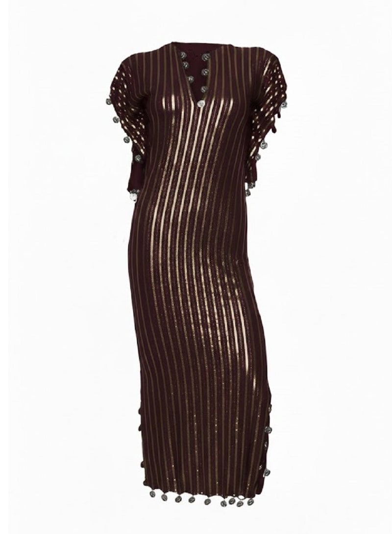 فستان جلابية مصري مطاطي على الطراز الشعبي، لون بنفسجي داكن مزين بالذهبي